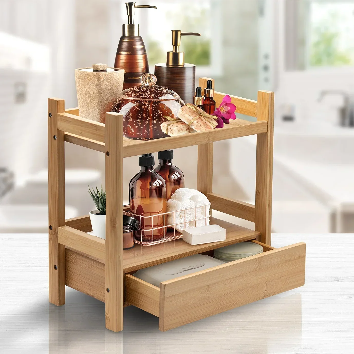 2-Tier Bamboo Shelf with Drawer Makeup Organizer Multi-Purpose Storage Shelves for Bathroom Vanity Kitchen and Home Office