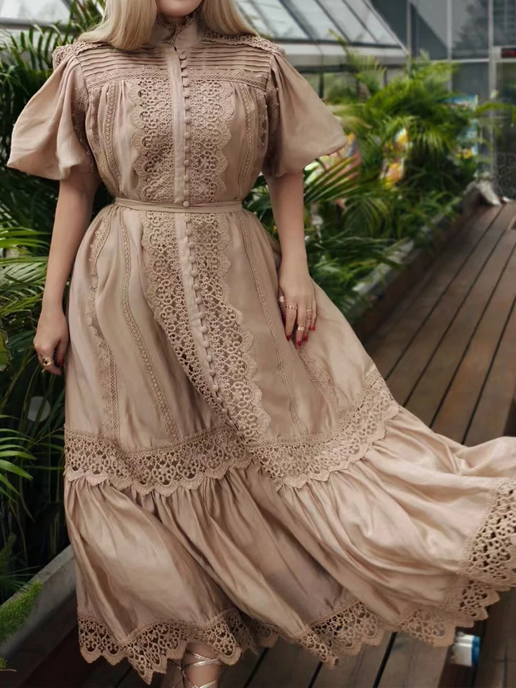 

Французское ажурное кружевное свободное платье с воротником-стойкой и рукавами-фонариками, новое летнее элегантное платье А-образной формы с большой завязкой на талии