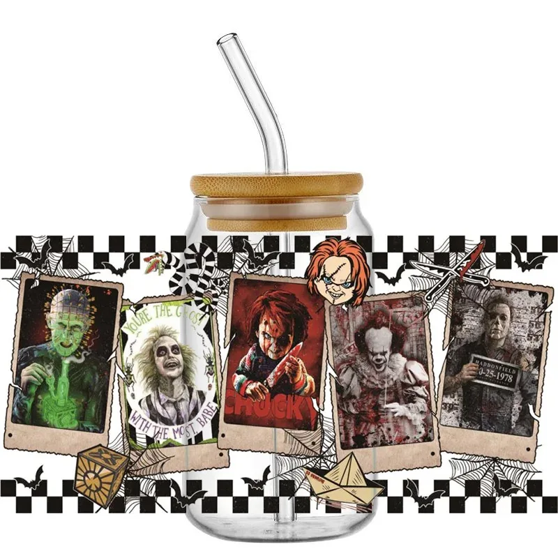 

Popular Design 3D UV DTF horror movie Sticker Killer Strega Serie Decal 16oz Libbey Glasses DIY Cup decoration Sticker