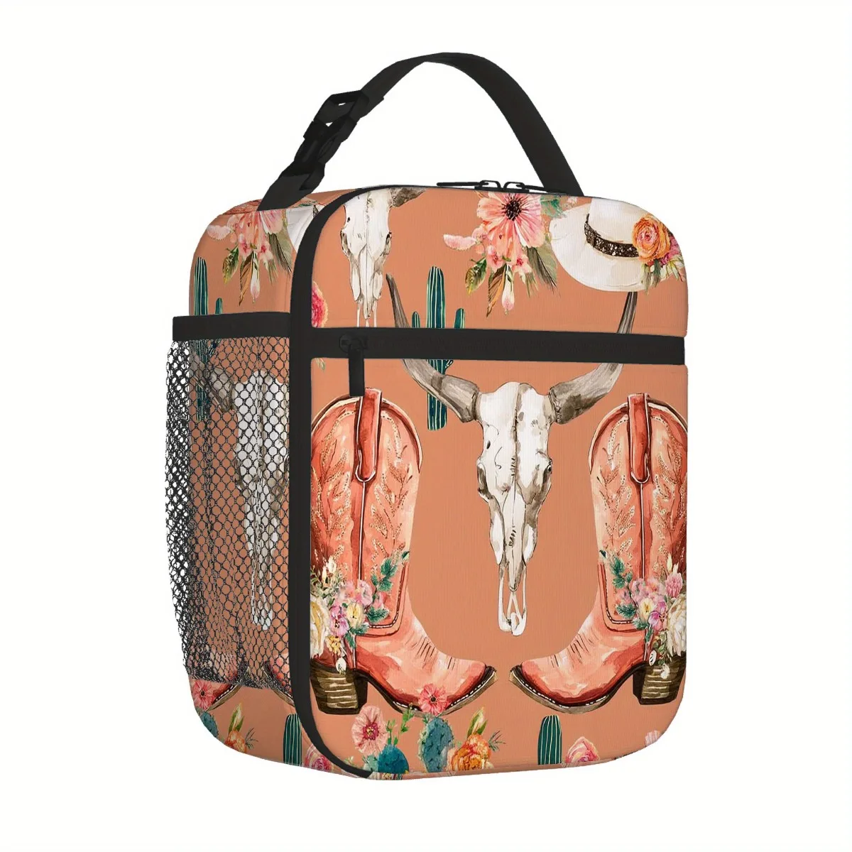 Western-Themed Insulated Tote Bag with Cowboy Boots, Skulls, Cacti & Flowers for Home, Office, or Restaurant Use Lunch Bag