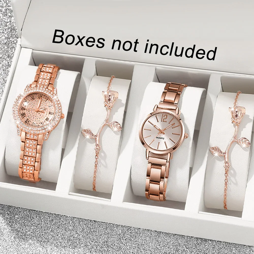Ladies Rose Gold Watch Bracelet 4Pcs Set, Rhinestone Quartz Wristwatch, Boxes Not Included