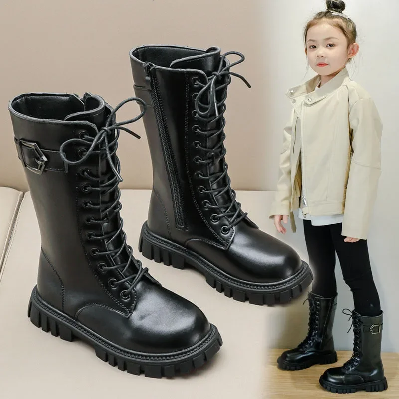 

Children Classic Long Boots PU Leather Autumn Winter Korean British Princess Girls Dress Shoes Non-slip Platform Motorcycle Ins