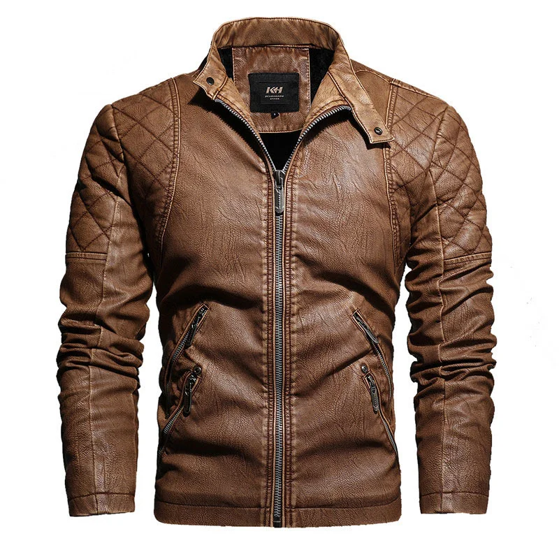 

Man Leather Jacket Autumn Winter Solid Color Plaid Stand Collar Men Plush Coat Long Sleeve Zipper Windproof Male Outerwear
