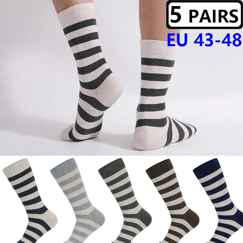 

5 пар мужских носков больших размеров (EU 46, 47, 48) из чесаного хлопка, разноцветные, в полоску, для повседневной носки, для мужчин с большой стопой, средней длины.