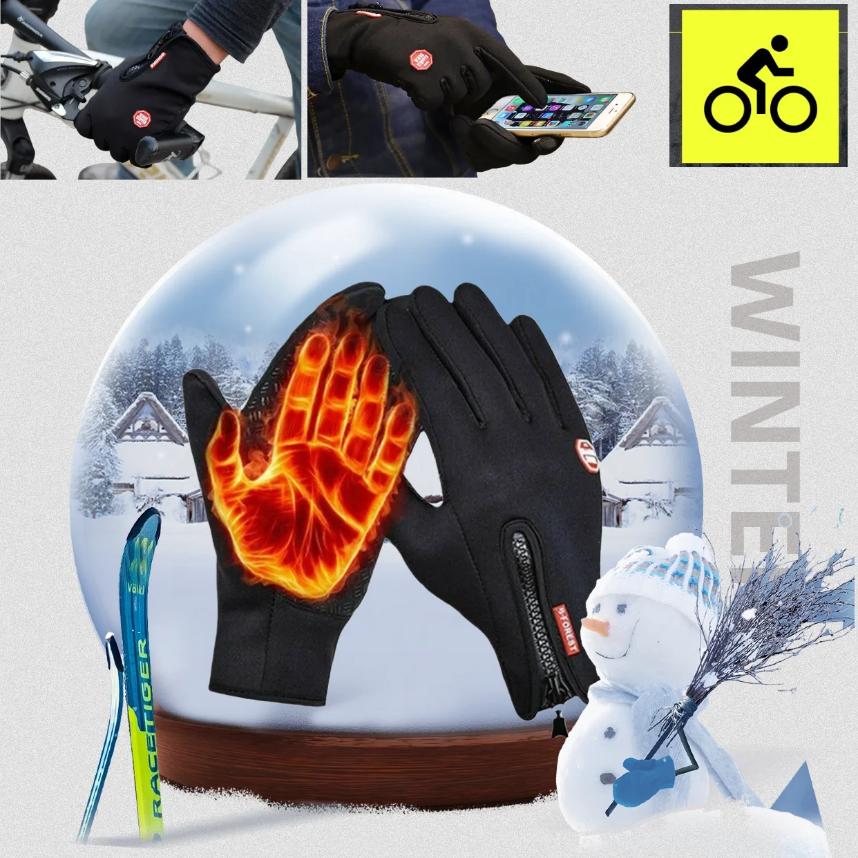 New Winter Warm Men's Gloves Touchscreen Sport Women Outdoor Skiing Cycling Snowboard Nonslip Fishing Splash-proof Zipper Gloves