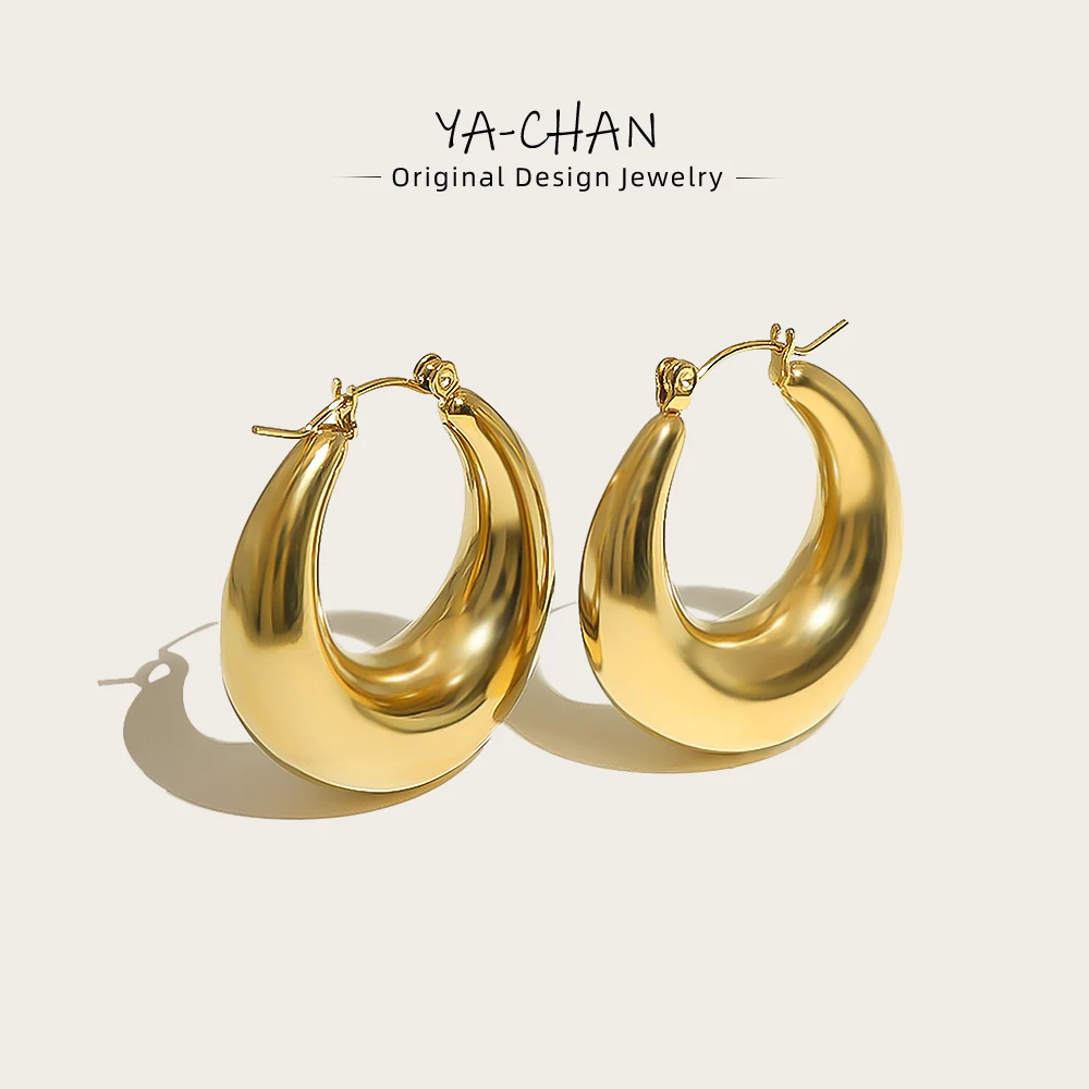 YACHAN 18K Gold Plated Smooth Stainless Steel Hoop Earrings for Women Trendy Hollow Punk Metal Jewelry Waterproof