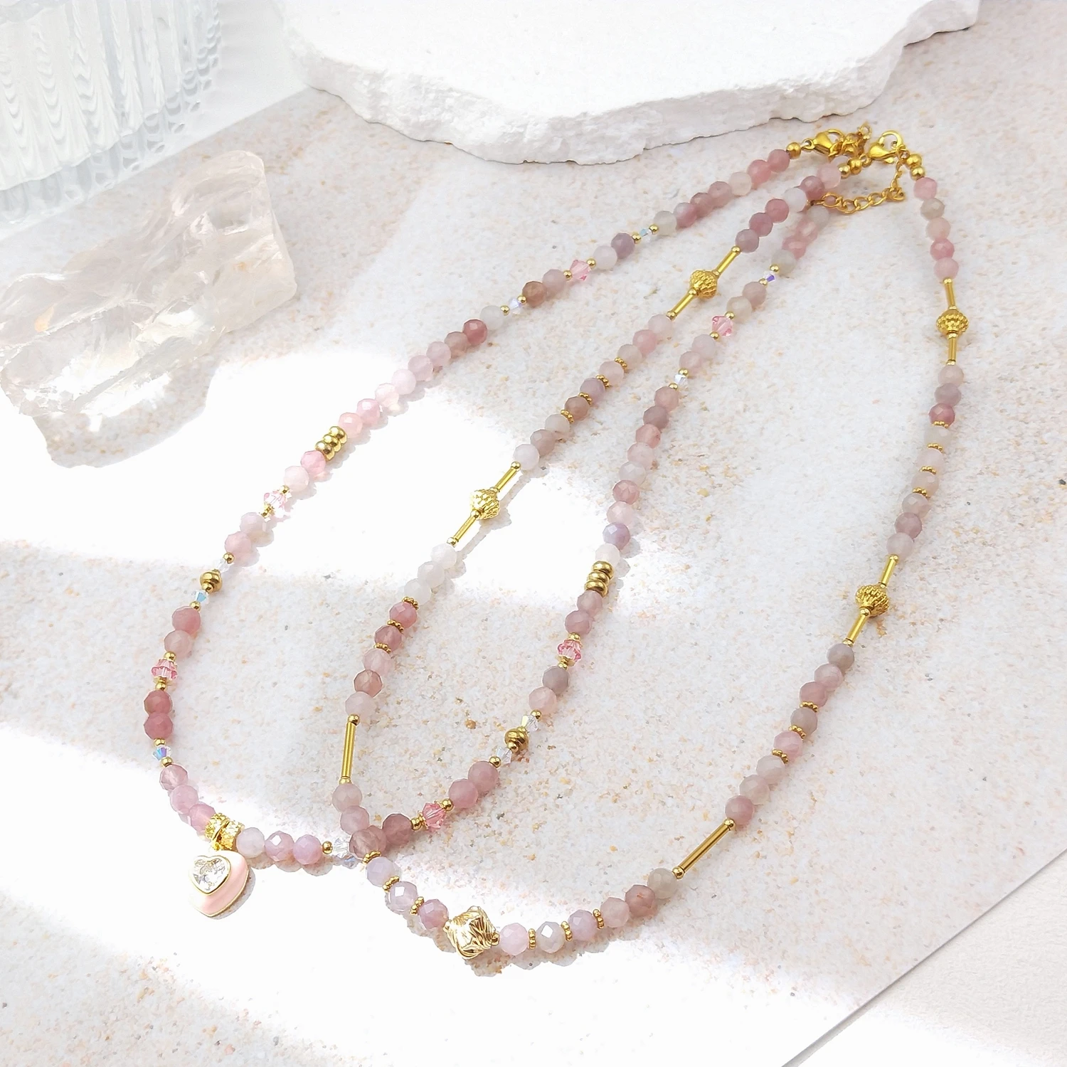 

Lii Ji Rose Quartz Natural Stone 4mm Stainless Steel 14K Gold Filled Pendant Necklace For Women Girls Gift 38+3cm