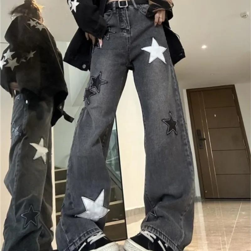 

Джинсы с высокой талией, женские широкие джинсовые брюки, прямые брюки со звездами в стиле ретро, уличная мода, стиль Y2K