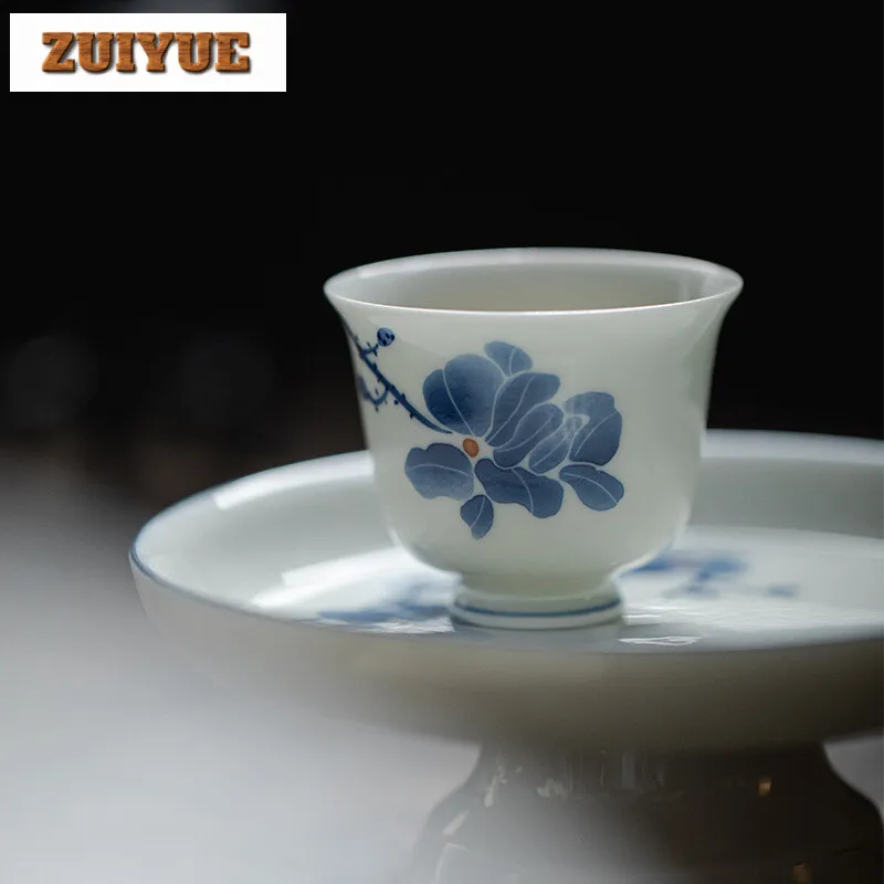 2pc/set Hand-painted Magnolia  Tea Cup Underglaze Colored Blue and White Porcelain Master Cup Japanese Mug Kung Fu Teaset 40ml