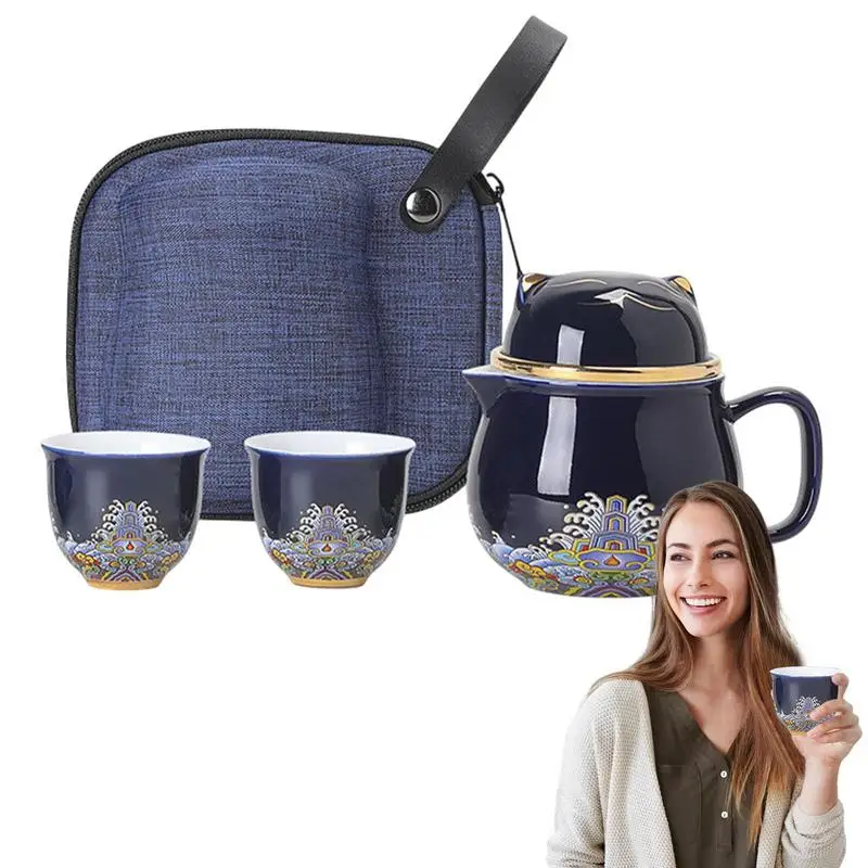 Lucky Cat Ceramic Porcelain Teapot Set with Cups, Tea Strainer, Shockproof Storage for Travel Portable Tea Kit