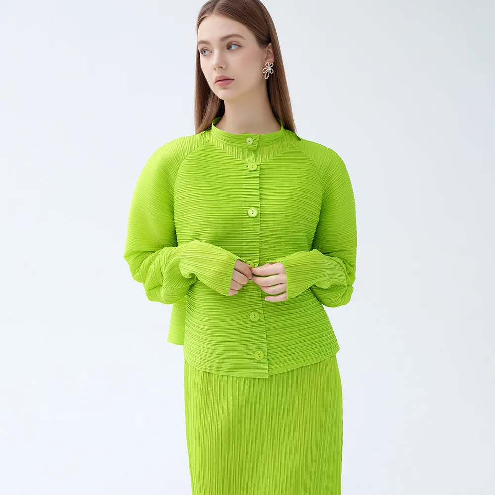 Miyake Pleated Short Cardigan for Women Round Neck Button Front Raglan Long Sleeve Loose Wrinkle‑Resistant Cropped Outer Jacket