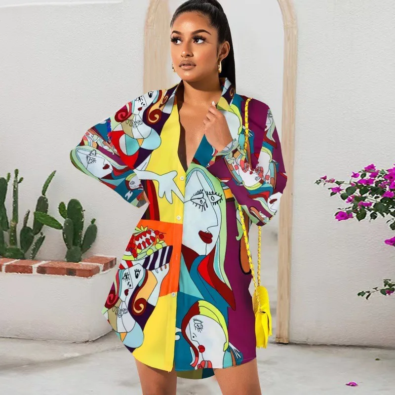 

2025 Fashion Shirts & Blouses Elegant Print Loose Long Shirt Button Up Long Sleeve Top Casual Vintage Y2k Shirts Dress Blouse