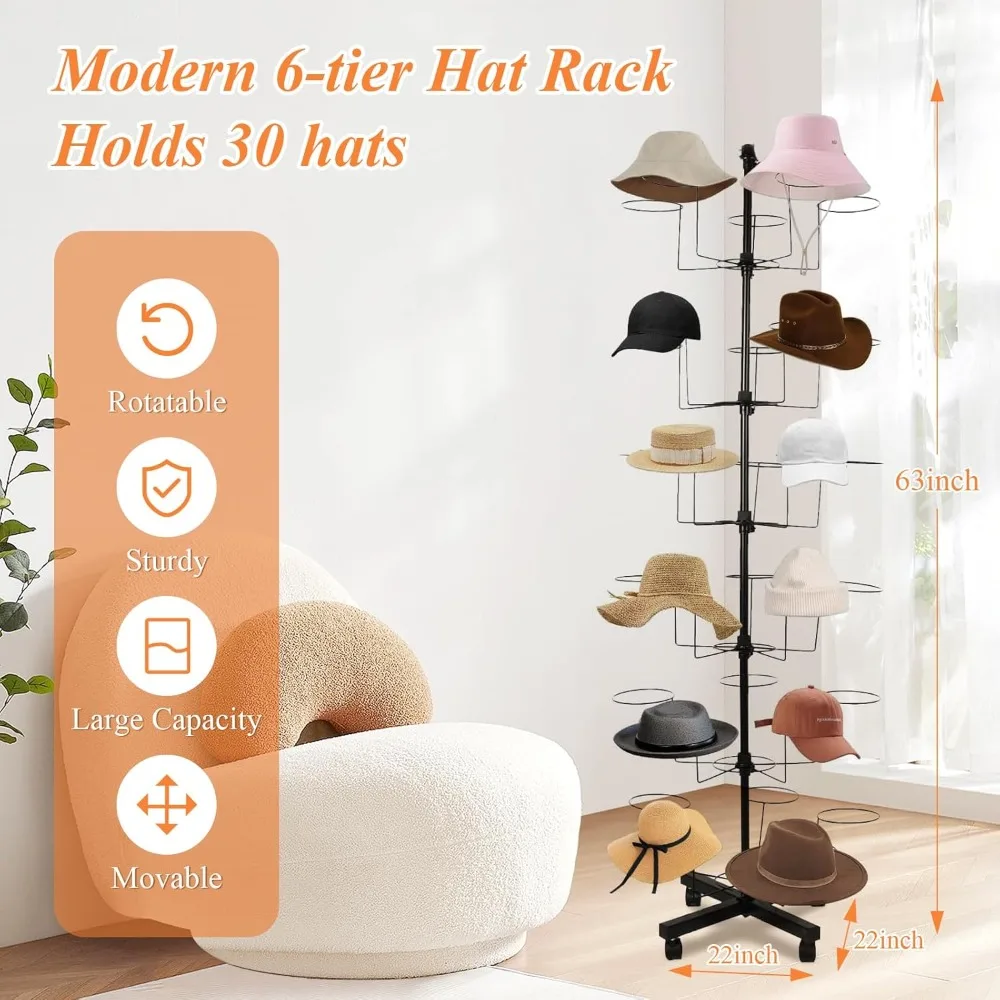 

New Upgraded Hat Rack Stand, 6-Tier Modern Large Freestanding Hats Display Rack with 30 Hooks