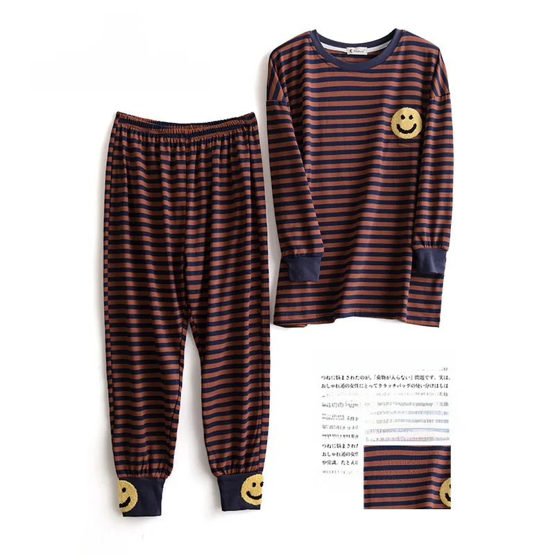 2024 Spring Pure Cotton Striped Sleepwear Women's Long Sleeve round Neck Home Clothes Set Cartoon Cute Style Outerwear