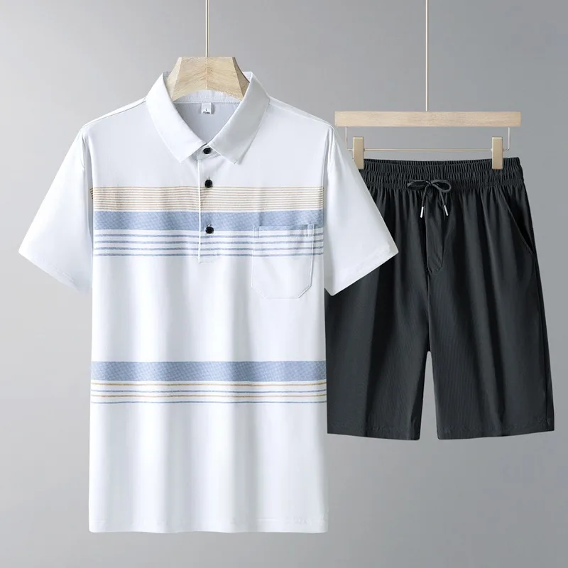 

Men's Middle-aged Sports Set Ice Silk Short Sleeve Polo Shirt Shorts Casual Summer Dad Wear Comfortable 2 Piece Outfit M-4XL