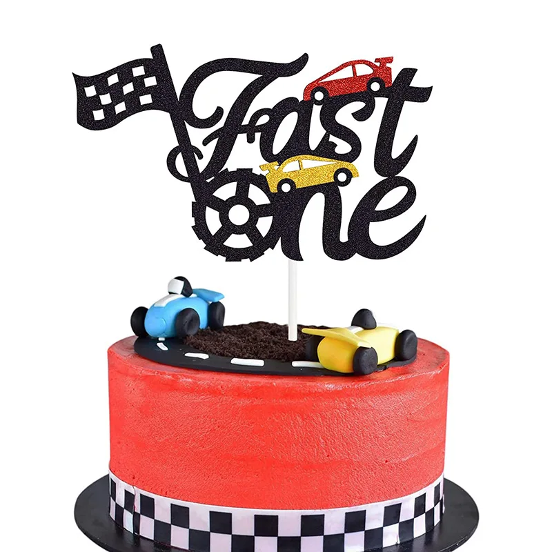 Fast One Birthday Cake Toppers Theme Cars Cake Decoration Happy Birthday Cake Flags Party Cake Baking Supplies