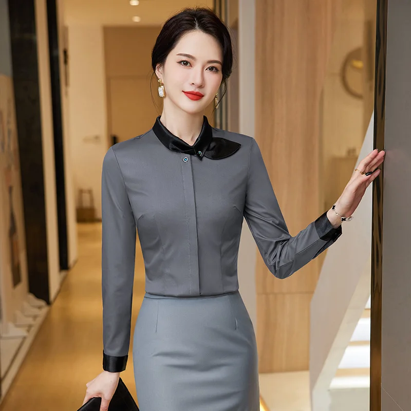 NAVIU Bow Lace Chiffon Shirt for Women Long Sleeve Professional Blouse White Professional Office Lady Work Tops Gray