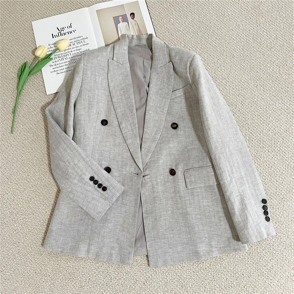 เสื้อผ้าผู้หญิง ฤดูใบไม้ร่วง/ฤดูหนาว 25 รุ่นใหม่ สไตล์หรูหราเบาๆ ผ้าลินินแท้ ลายก้างปลา ชุดสูท+เสื้อกั๊ก+กางเกงขายาวทรงตรงลำลอง ชุดสามชิ้น