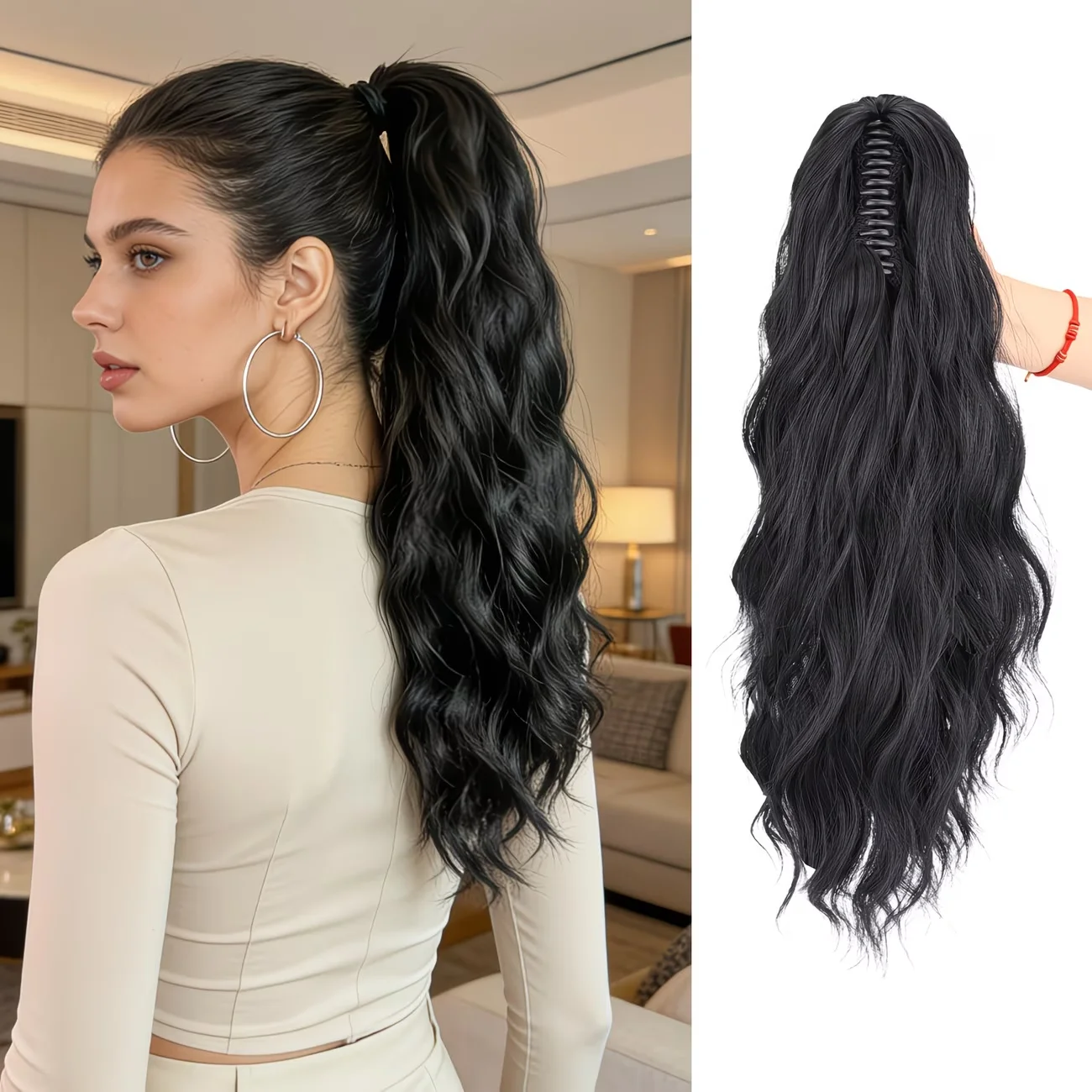 Synthetic Claw Clip Water Wave Ponytail Black Fluffy Messy Heat Resistant Fiber Ponytail Hair Extensions For Women