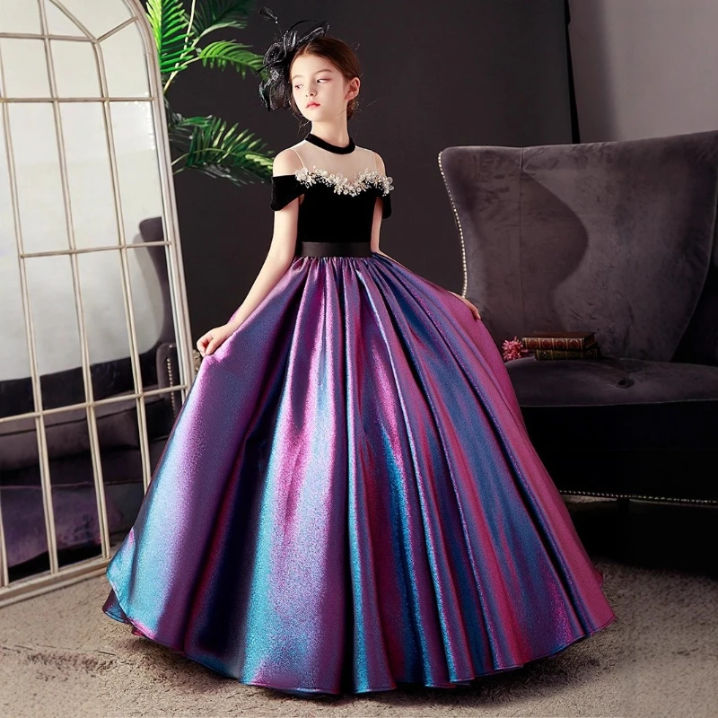 New Black Girls Host Pageant Elegant Gown Children Formal Attire Celebration Outfit Princess Dress Model Birthday Long Party