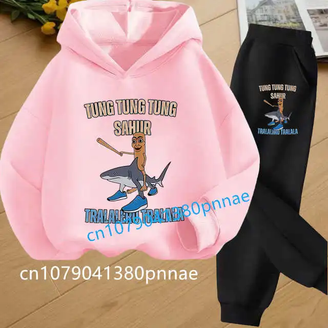 الفتيات رياضية ملابس أطفال Tralalero Tralala Tung Tung Tung مضحك الإيطالية Brainrot الاطفال ملابس الأولاد هوديي + السراويل 2 قطعة مجموعة