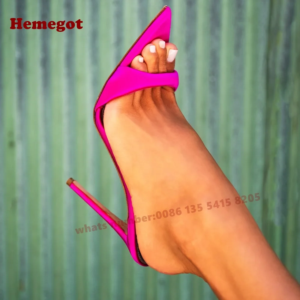 

Magenta Satin Stiletto Slippers Pointy Toe Slip On Women's Slippers 2025 Summer New One Strap Casual Runway Shoes Plus Size 44