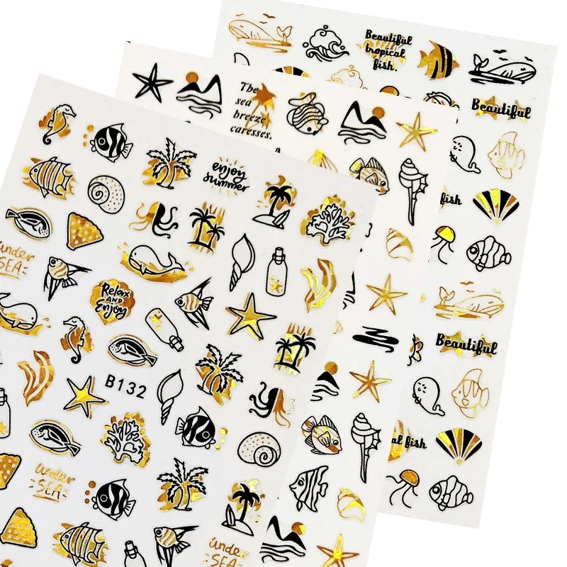 2025 Nail Art Stickers Sea Grass Gold Black Nail Decal Starfish Hippocampal Shell Nail Sticker Manicure Design Decals for Nails