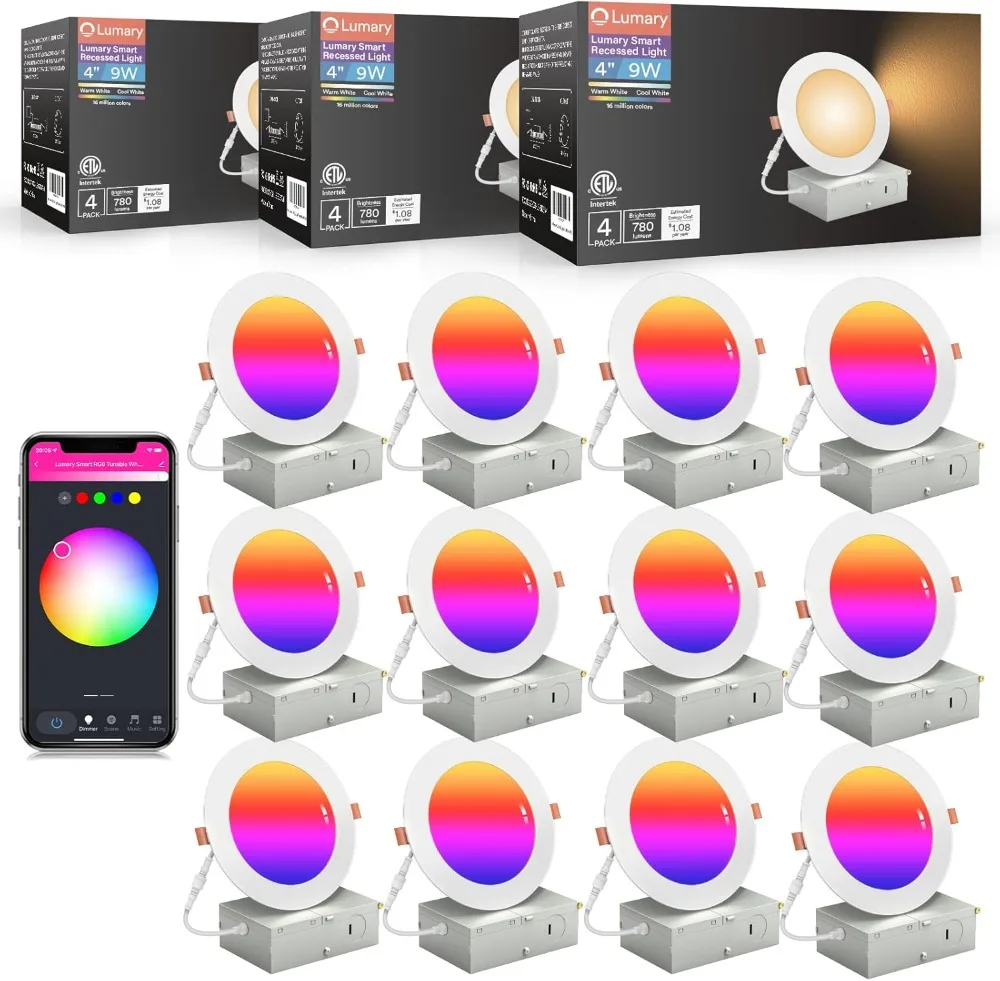 

Lumary Smart Recessed Lighting 4 Inch Canless LED Recessed Lights 9W 780lm Color Changing LED Downlight Wi-Fi Bluetooth Soffit