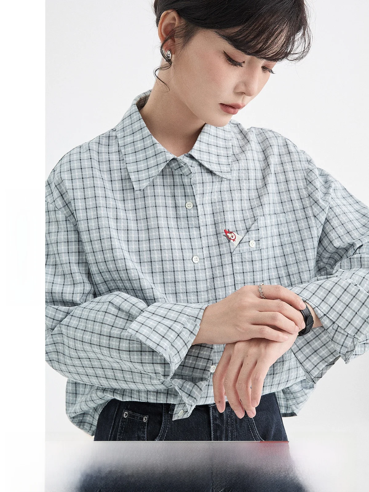 

Pure Cotton Plaid irt Women's Spring New Sle Retro Embroidery Casual Loose Fit irt Versatile Open Cardigan Collar