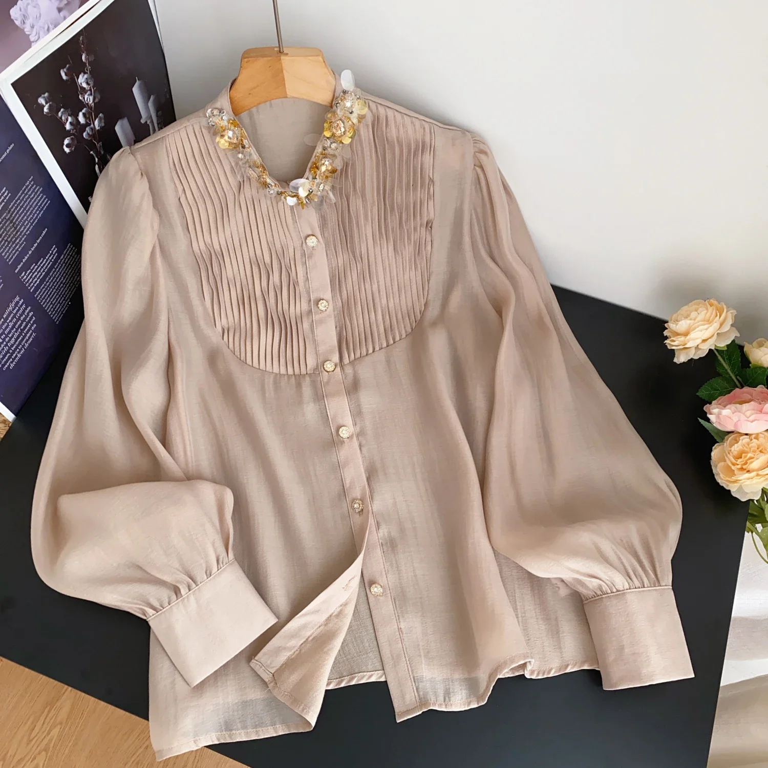 Basics Long Sleeve Elegant O-neck Chic Sequin Rhinestone Single Breasted Loose Top French High Street Autumn Winter Women Blouse