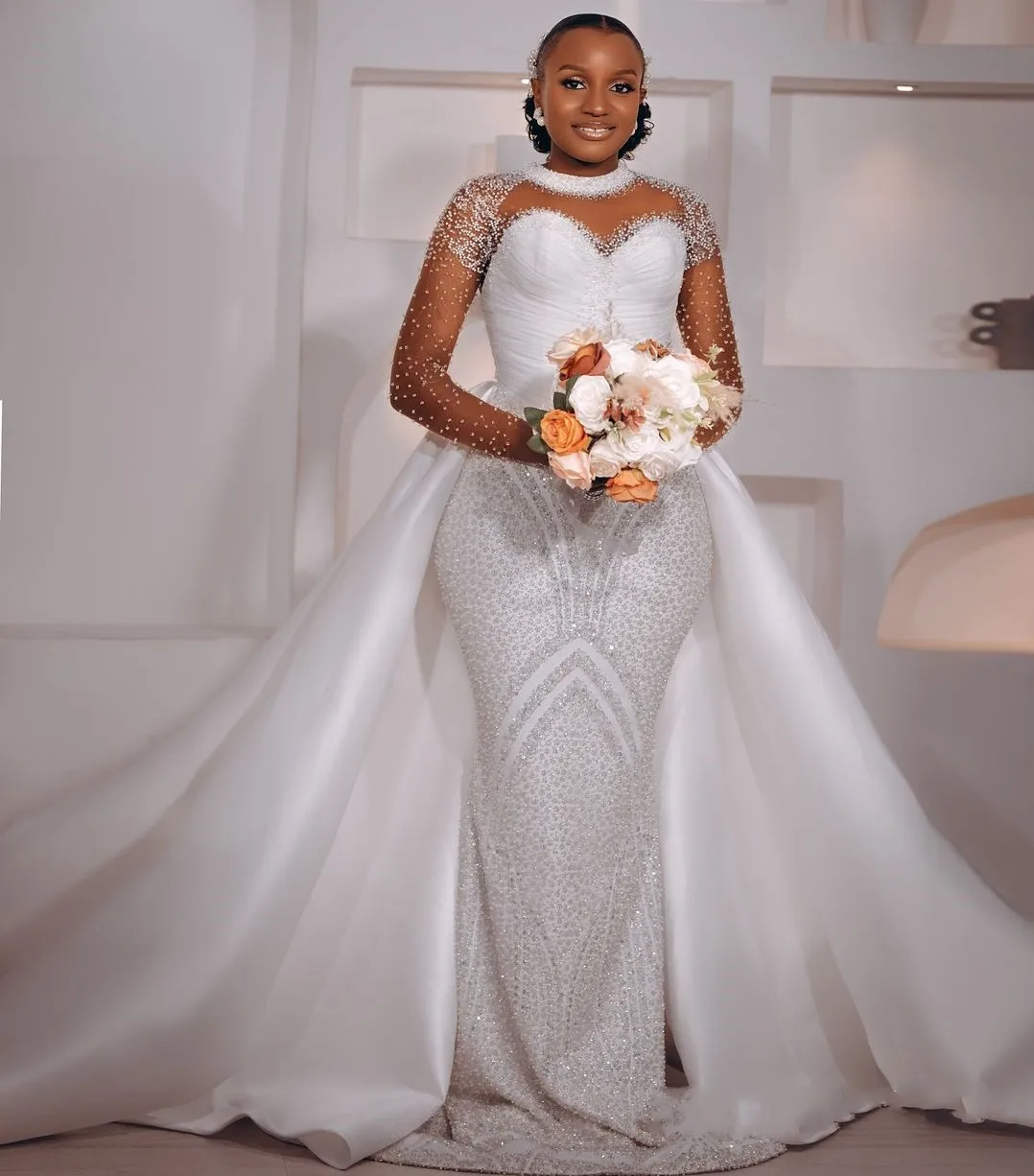 

2025 African Wedding Dress For Bride Bridal Gowns Detachable Train Illusion Mermaid Long Sleeves Beads Vestido De Noiva