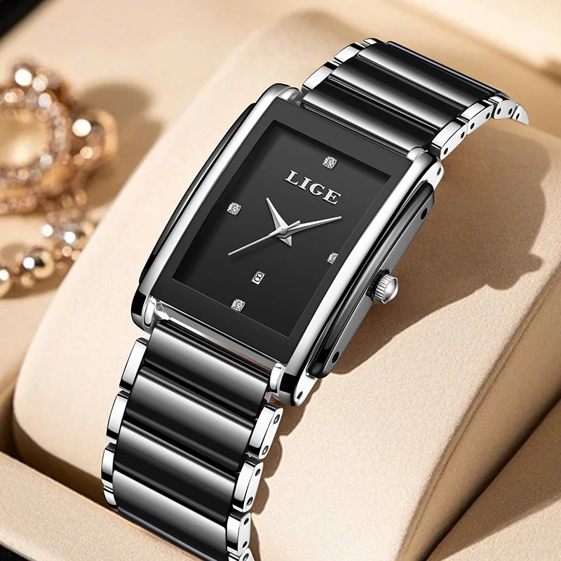 ساعات يد نسائية فاخرة جديدة من LIGE ساعات يد كوارتز سيراميك أنيقة مقاومة للماء هدية عصرية للسيدات ساعة Relojs Mujer + صندوق