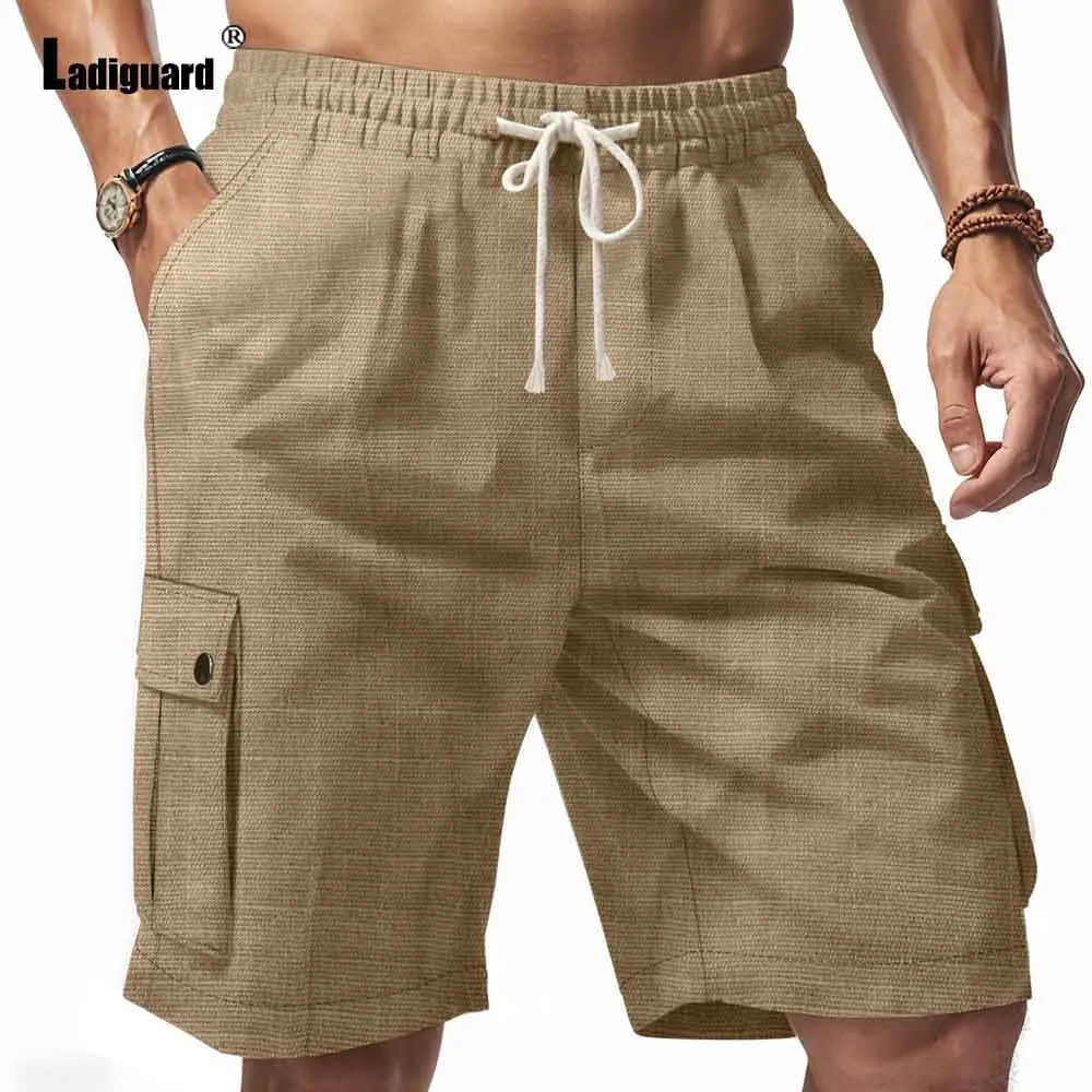 Men's Stand Pocket Casual Linen Shorts 2025 European Style Fashion Board Short Pants Khaki Soft Elastic Waist Beach Shorts New