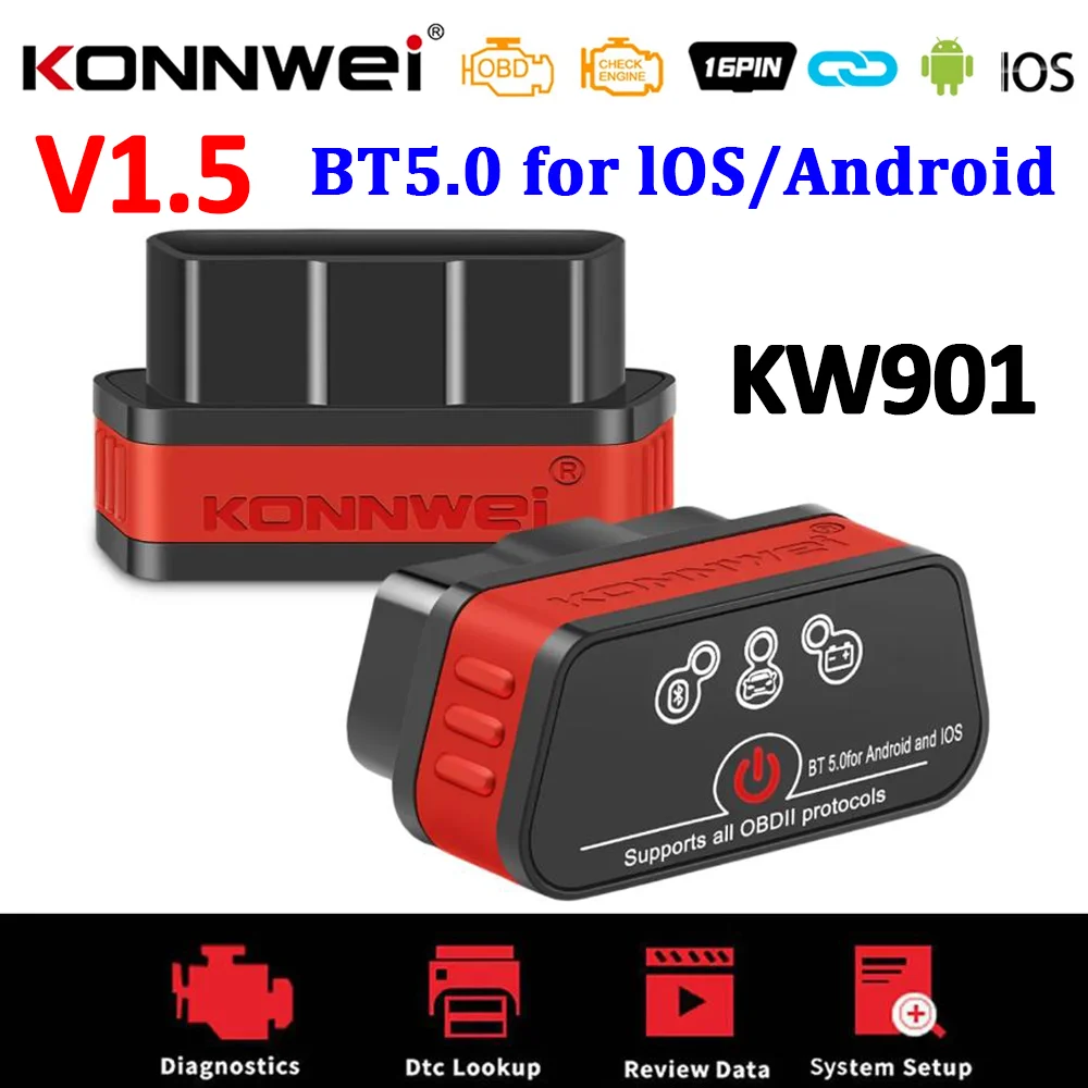 

KONNWEI KW901 Bluetooth 5.0 считыватель кодов ELM327 V1.5 OBD OBD2 Автомобильный диагностический инструмент ELM 327 V1 5 для Android/IOS pk Vgate iCar2