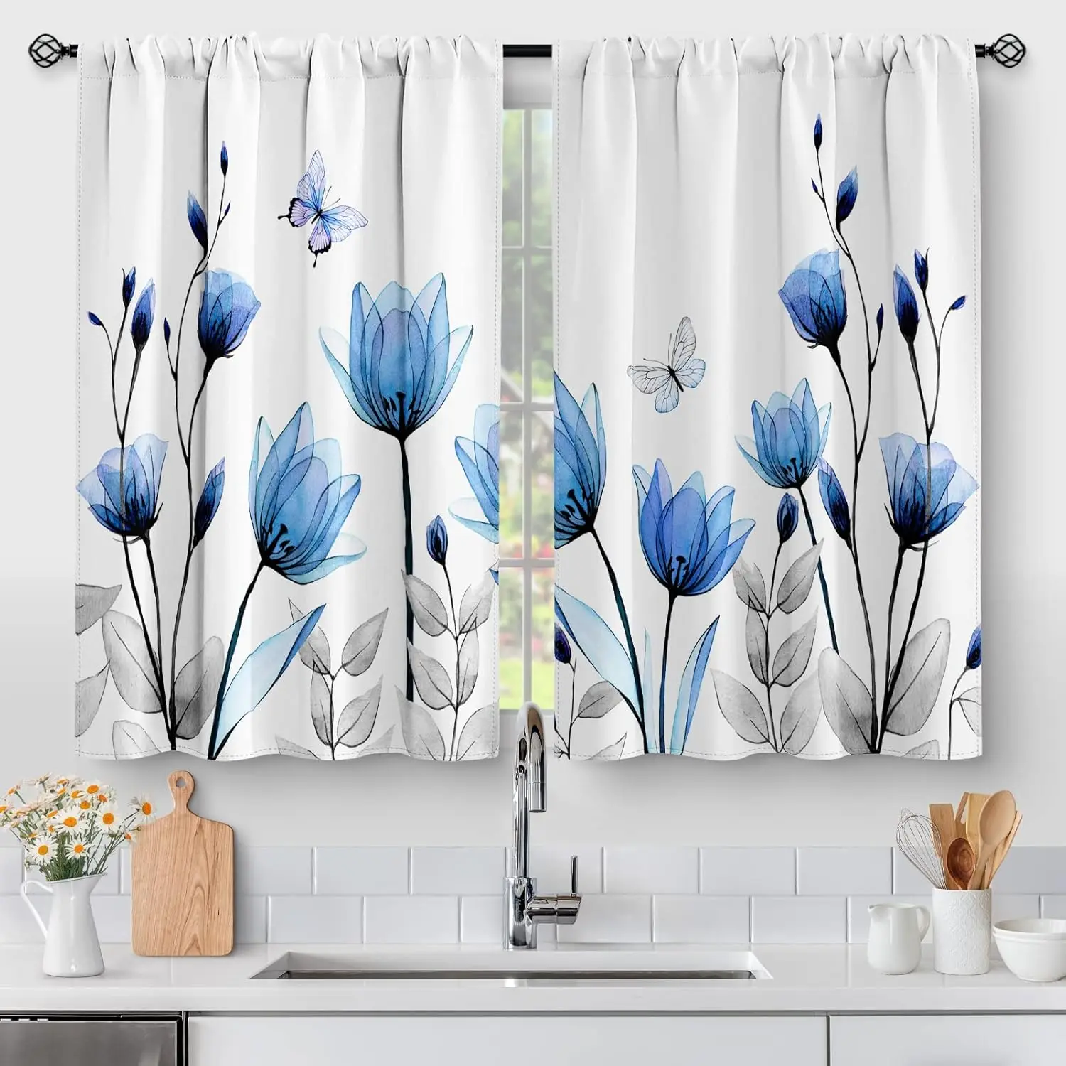 

Floral Vintage Flower Kitchen Curtains - Rustic Blue Tulip Farmhouse Short Cafe Tier Curtains Decor for Woman Botanical Butterfl