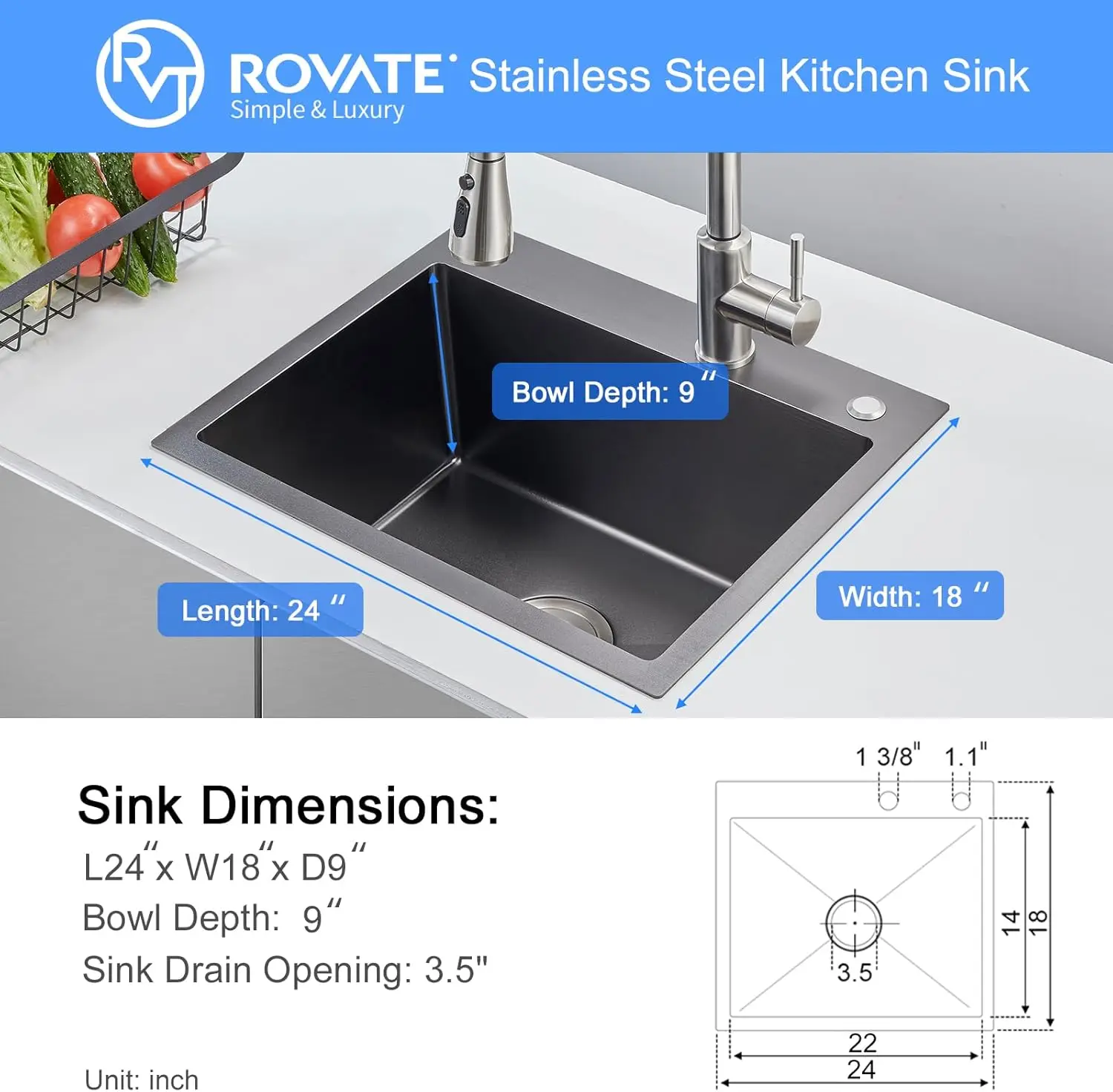 ROVATE 24x18inch Drop-in Kitchen Sink Single Bowl Black Nano Top-Mount Kitchen Sink Handmade 304 Stainless Steel Basket Strainer