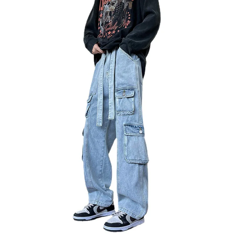 Pantalones de calle hiphop europeos y americanos, moda de venta al por menor ins, ropa de trabajo oscura con múltiples bolsillos, pantalones vaqueros rectos sueltos para hombres