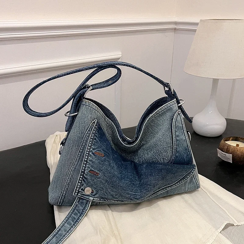 Denim grande capacidade bolsa de ombro feminina moda feminina 2024 nova alta qualidade casual retro bolsa de viagem