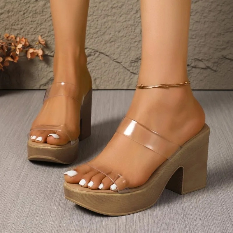 

2026 New Tendencia Dress Sandals for Women Low Heel Ladies Summer Transparent Soft Bottom Outside Wear Thick-soled Slippers