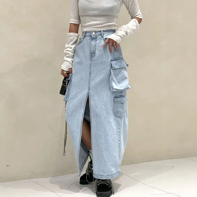 

Korean Sle Retro Versatile 3D ket Slit Design Unique Workwear Denim Midi Skirt Women's Cotton High Waist A-Line Skirt