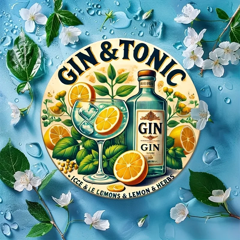 [2D Flat] 1pc Retro Gin & Tonic Aluminum Wall Art, 8x8 Inch - Vintage-Inspired Decor with Citrus & Herb Illustrations, Easy to H