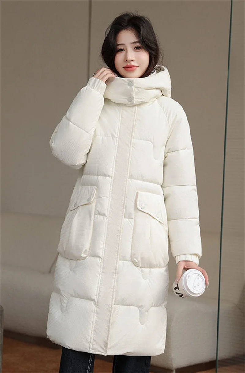 2024 New Winter Jacket Long Parkas Women Down Padded Coat Puffer Jacket Hooded Big Pocket Down Cotton Snow Female Overcoat Outwe