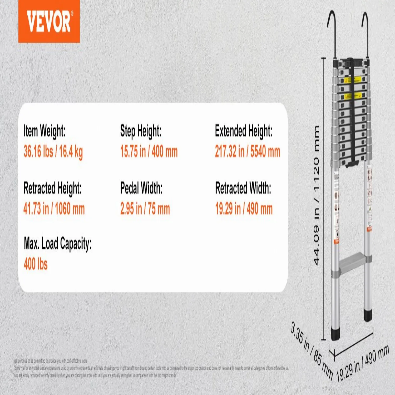 VEVOR Telescoping Ladder, 18.5 FT Aluminum One-button Retraction Collapsible Extension Ladder, 400 LBS Capacity with Non-slip Fe