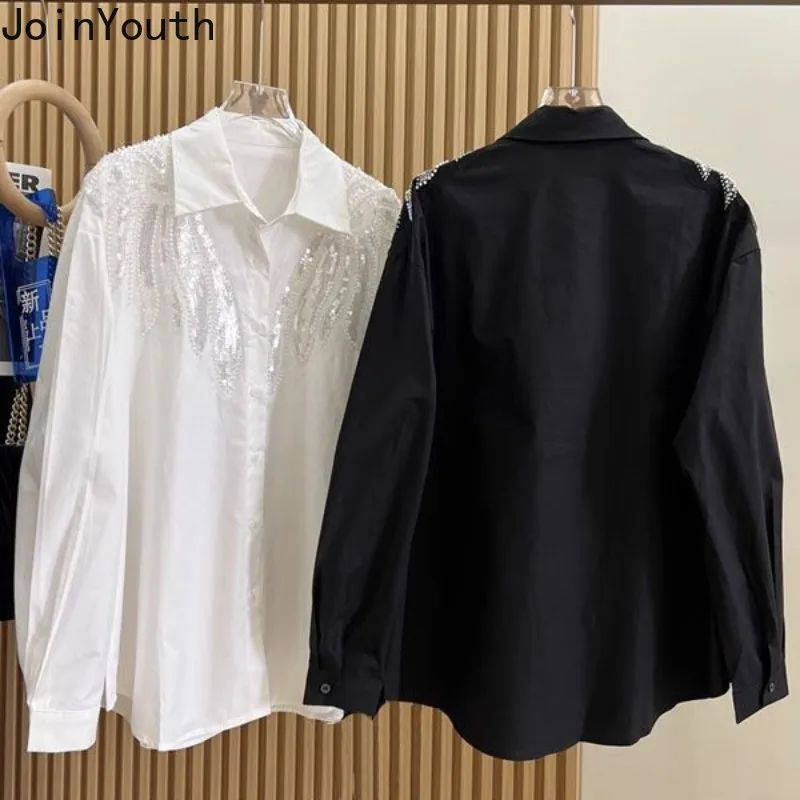 Fashion Korean Shirts Women Clothing Wing Sequined Long Sleeve Blouses Summer White Oversized Tops 2024 Blusas Mujer De Moda