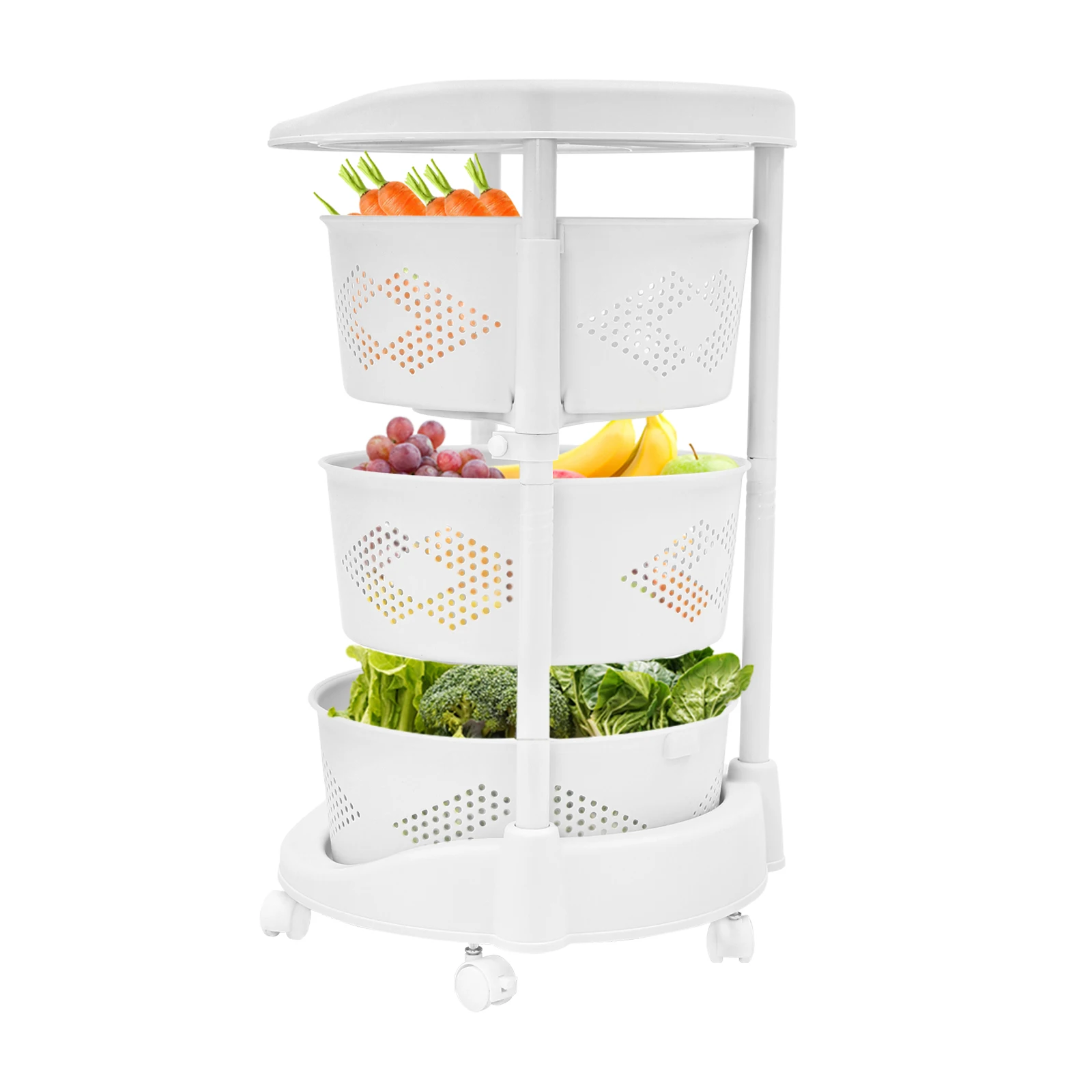 3 Layers PP Kitchen Rotating Storage Rack with Wheels  Freestanding Rolling Storage Cart White