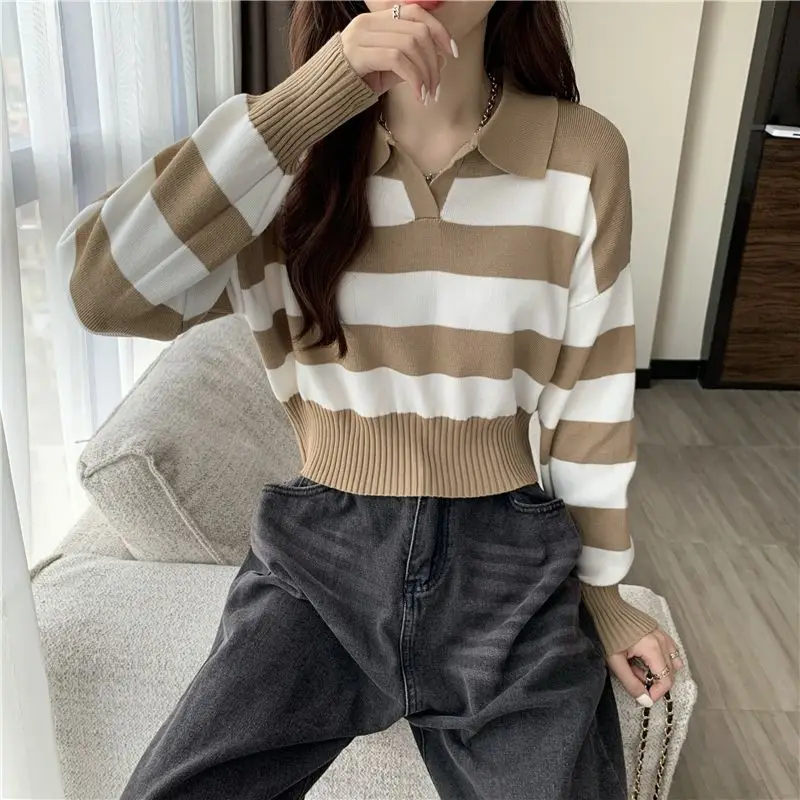 Spring Summer Turn-down Collar Striped Loose Pullovers Spliced Thin Medium Strech Office Lady Women's Clothing Skin Friendly