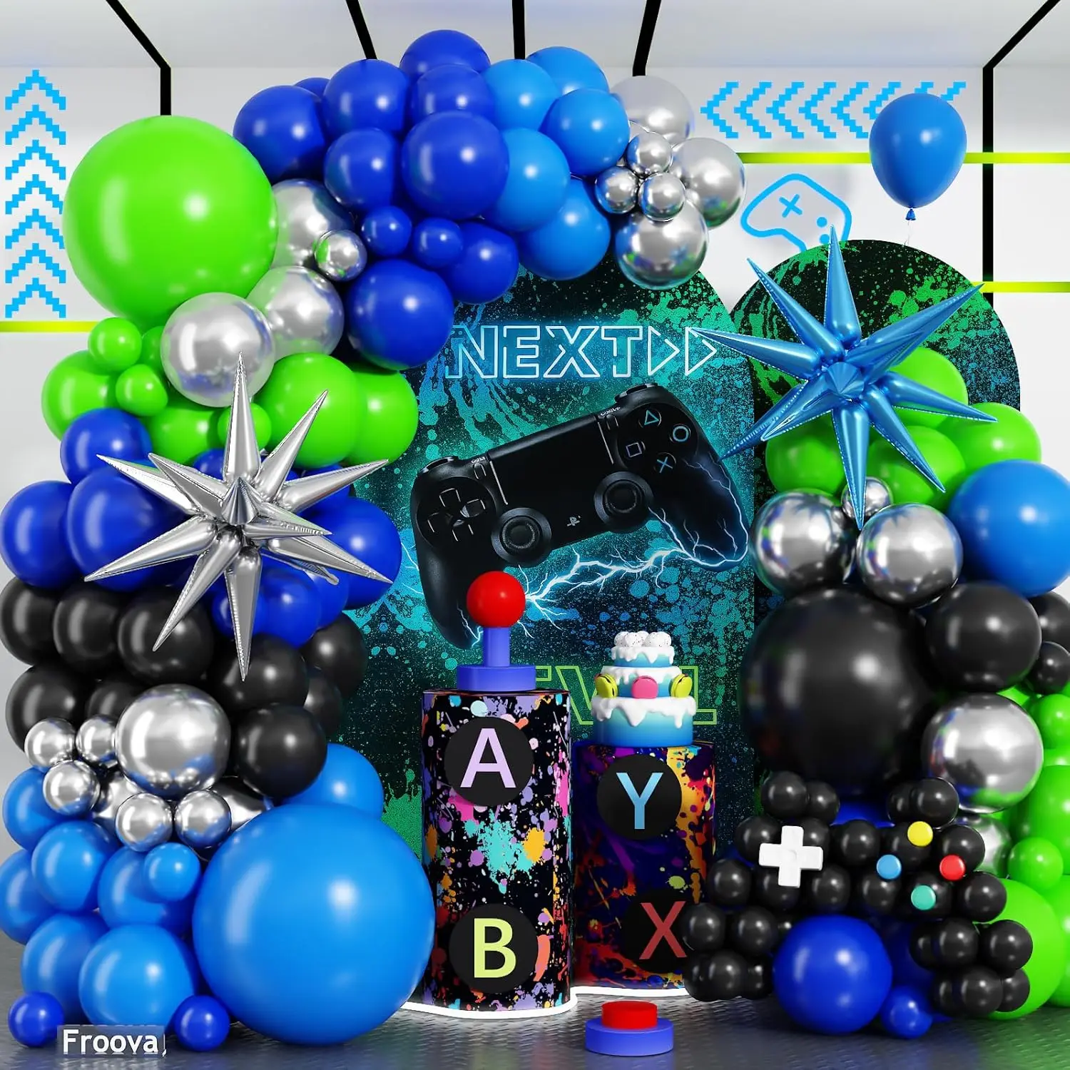 125-teiliges Blau-Grün-Schwarz-Silber Ballonbogen-Set mit Stern-Folienballons für Jungen Gaming-Nacht Geburtstagsparty-Dekorationen