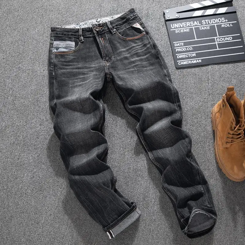 سراويل جينز عصرية للشارع الكوري للرجال بقصة ضيقة ومستقيمة ومزودة بنطال جينز ثقيل الوزن مغسول عالي الجودة