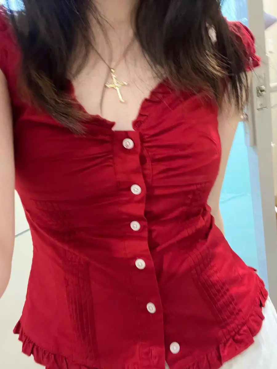 بلوزة نسائية صيفية كاجوال من مزيج القطن بتصميم أمريكي مع كشكشة عند الحافة وياقة على شكل V وأكمام قصيرة وخصر ضيق