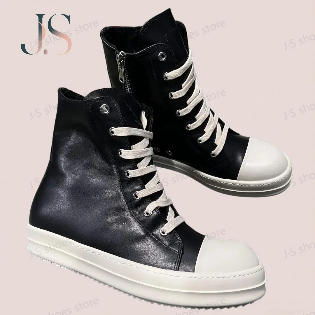 

Ro Luxury Boots Black Leather High Top Shoe Short Plush Sneaker Cowhide Men Shoes Zipper Women Ankle Boot Casual Sneakers